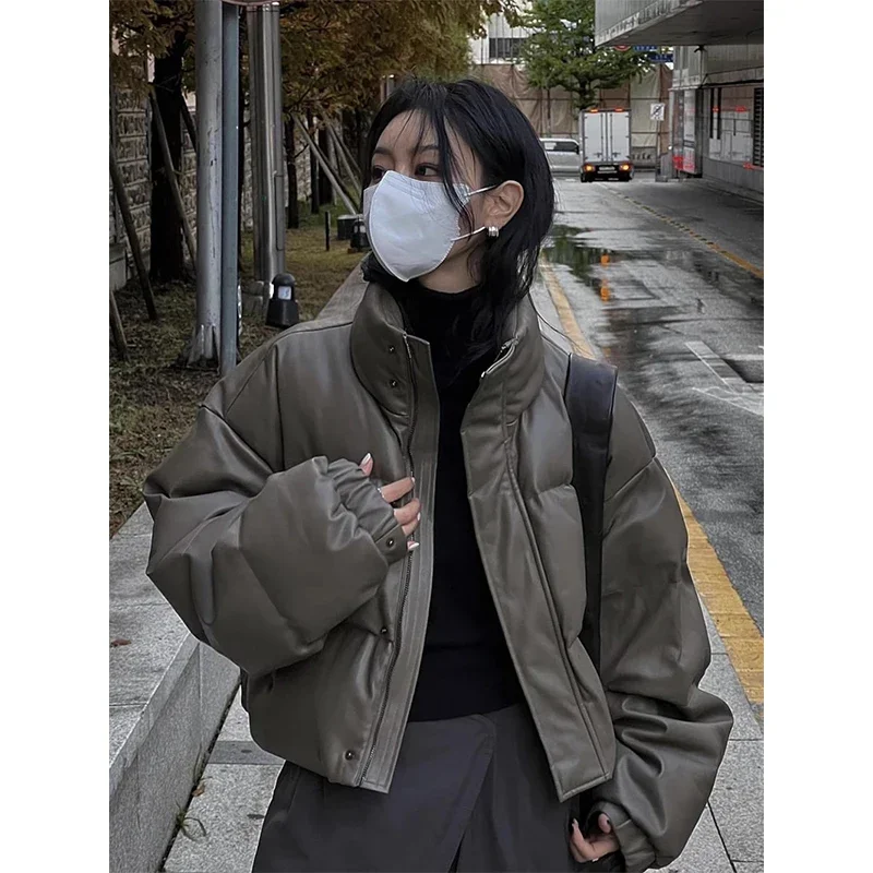 

Streetwear Short Parkas Women Cropped Pu Leather Cotton Padded Coat Winter Thick Puffer Jacket Korean Warm Down Outwear