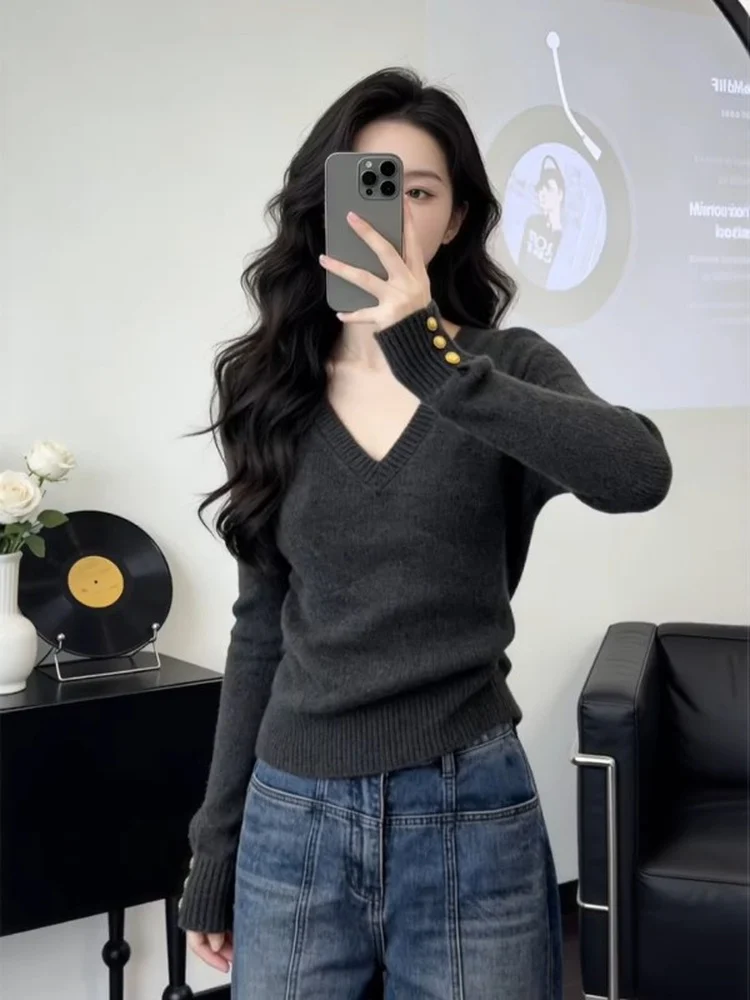 

ay V-Ne Knitted Base irt Women's Autumn Winter Luxury Sensation Sweater Inner Wear Ele Top Commute Sle Slim Fit