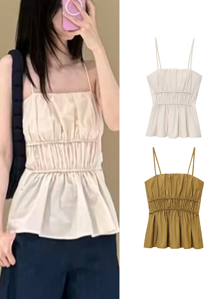 

TFMLN женские модные топы на бретельках, сексуальные тонкие плиссированные топы без рукавов с открытой спиной, женский элегантный однотонный летний уличный топ