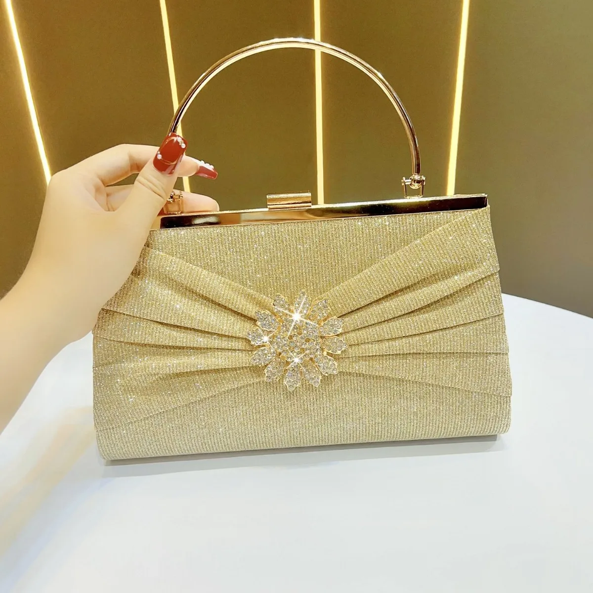 

Shiny Diamond Folded Evening Clutch Women’s Crossbody Handbag Minimalist Style Cheongsam Purse Elegant Polyester Fiber Party Bag
