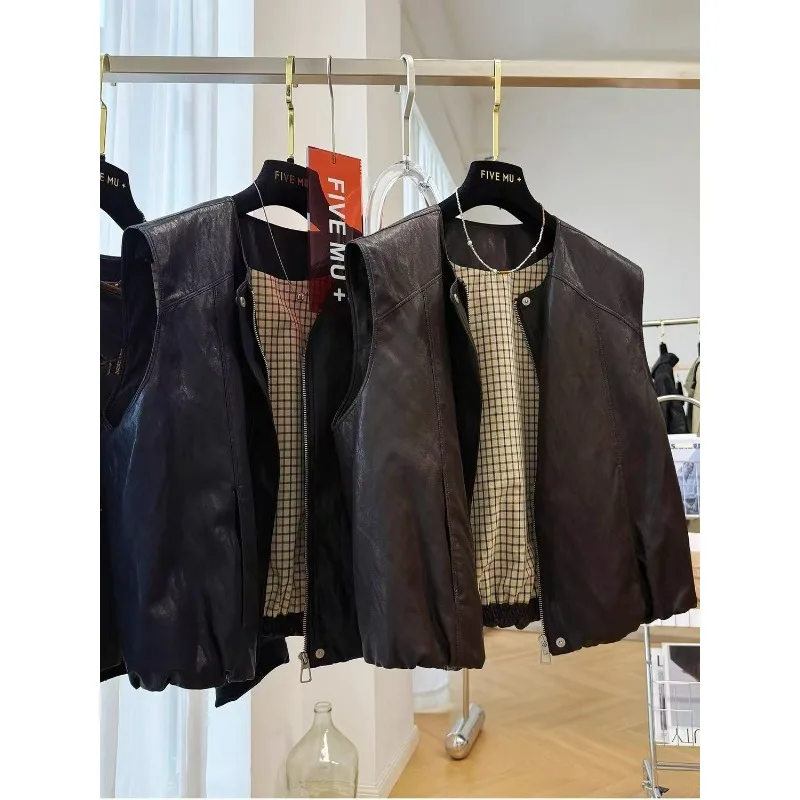 Giacca da donna in PU con scollo tondo vintage a vento, cappotto autunnale senza maniche in ecopelle per donna