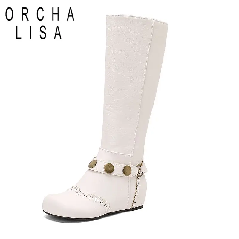 

ORCHA LISARetro Женские сапоги до колена с круглым носком и скрытым каблуком 4 см на молнии с металлическим украшением Большой размер 48 49 50 Мягкая повседневная обувь