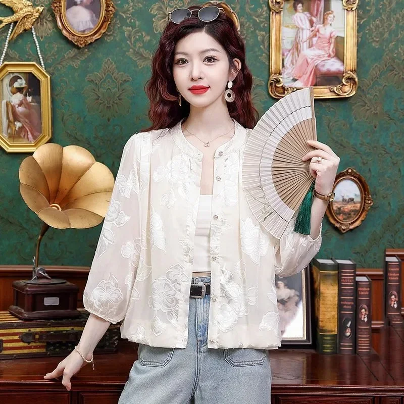 

Новый летний кардиган, короткая куртка с длинным рукавом, тонкая рубашка с воротником-стойкой, свободные солнцезащитные топы, модное женское повседневное пальто на подкладке