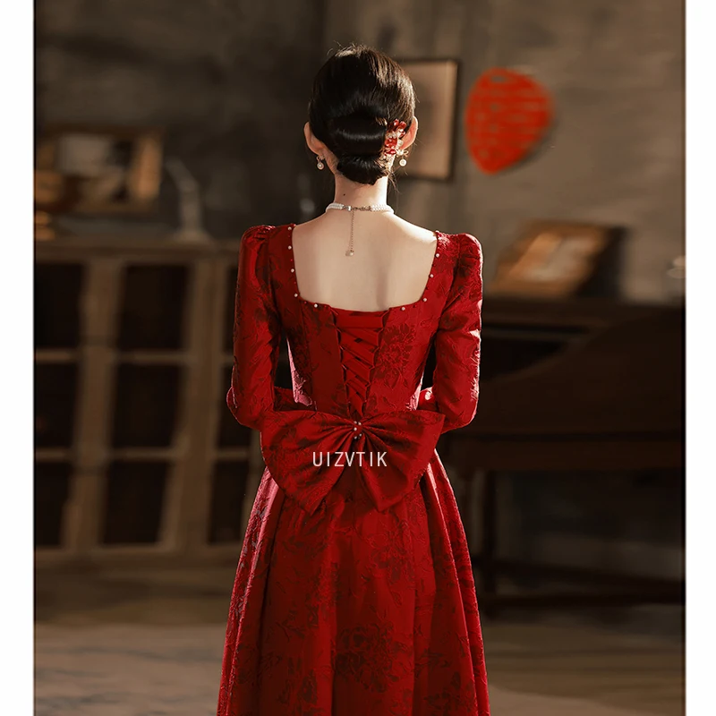 Burgundowa suknia ślubna w stylu francuskim księżniczka dla nowożeńców kobiety żakardowe Qipao 2025 elegancka suknia bankietowa z kokardą Robe De Soiree Vestidos