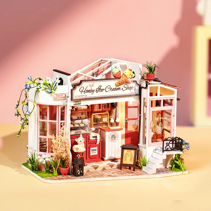 Animazione Kawaii Negozio di gelati Fai da te Cabina fatta a mano Arte Casa Casa Scena in miniatura Modello Ornamento Blocchi di costruzione Regalo di compleanno