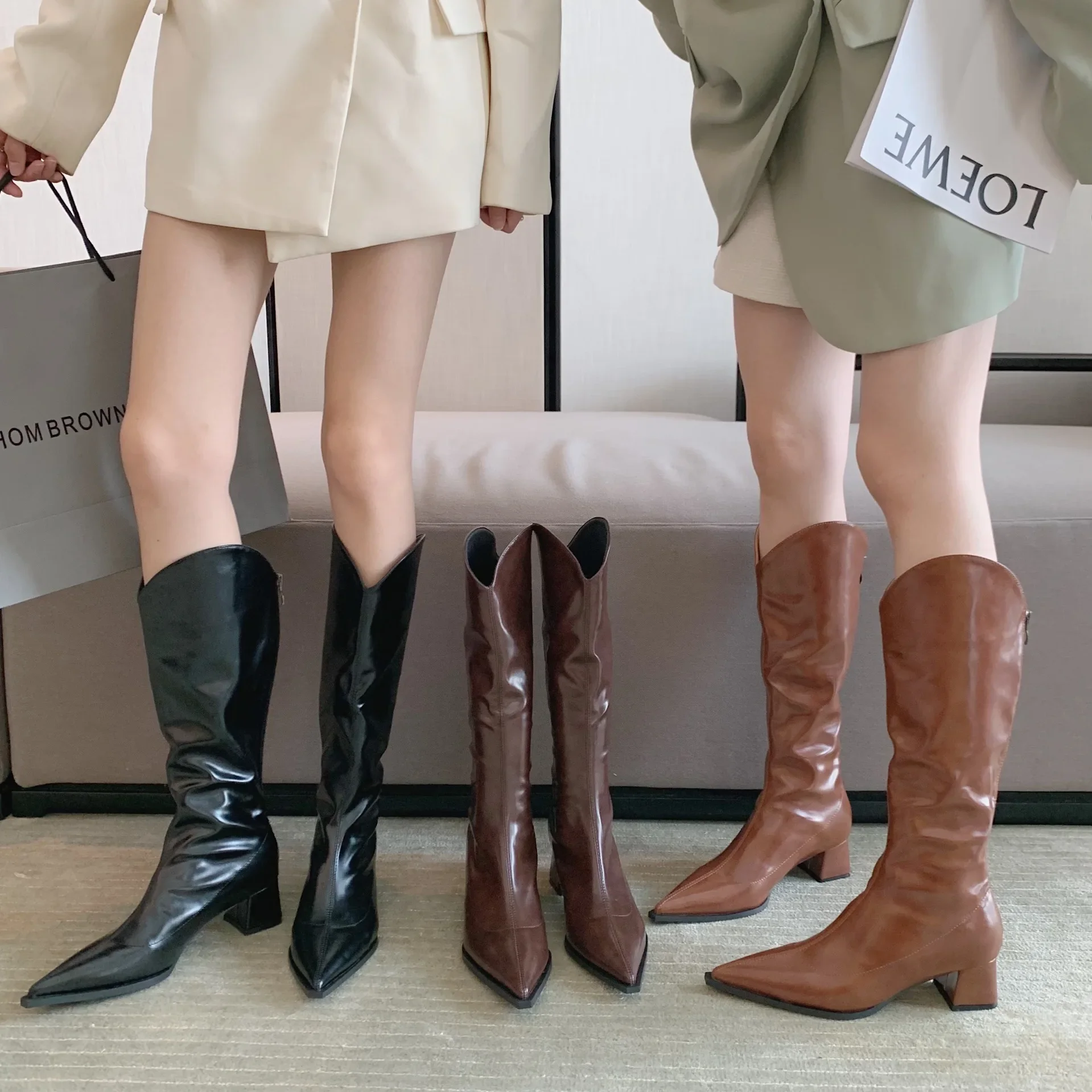 

Women Over The Knee High Boots Fashion Suede Pointed Toe Shoes Autumn Winter Thick Middle Heel Western Cowboy Long Botas Mujer