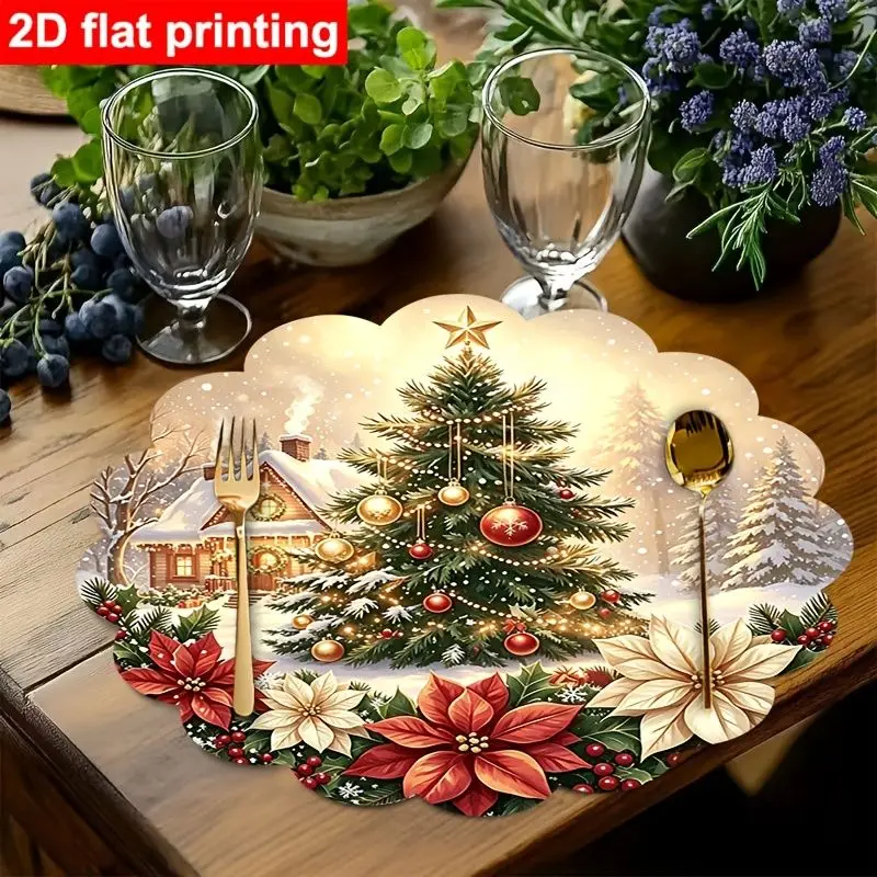 VIKAMA Christmas Cottage Tree Poinsettia Placemat Wavy Edge Snow House Ornament Star Berry Holiday Table Mat Decor Charming Soft