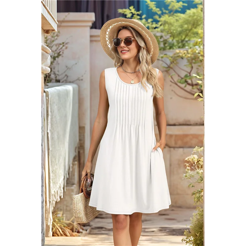 Свободные пляжные каникулы, повседневные сарафаны без рукавов с круглым вырезом и карманами, платье-майка