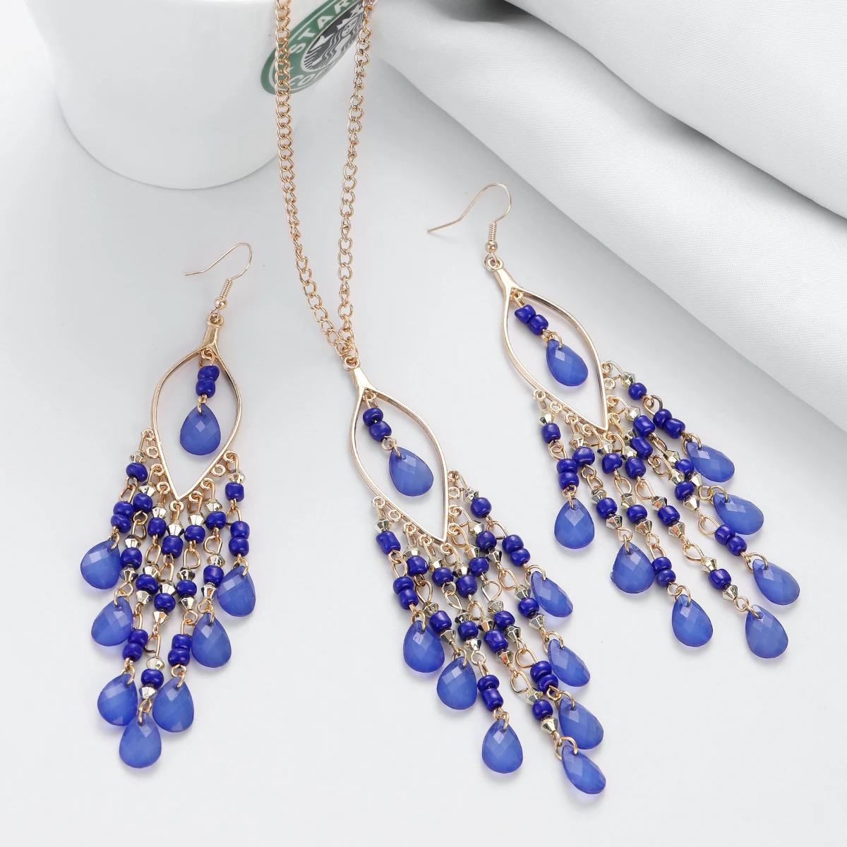 Bohemian Multicolor Crystal Long Tassel Dangle Earrings Necklace for Women Hangers Retro Gold Plated Geometric Wedding Jewelry