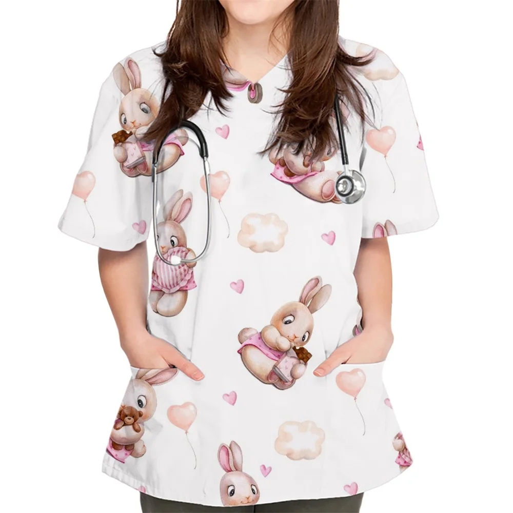 Carer Top Cute Bunny Graphic Print V-neck Short Sleeve Women With Pockets Nursing Uniform Nurse Shirt Working Medical Uniforms