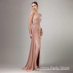 Saud Arabic Evening Dress Customized Round Neck Long Sleeve Beading Pleat Split Chiffon Mermaid Party Gown Dubai Prom Dresses
