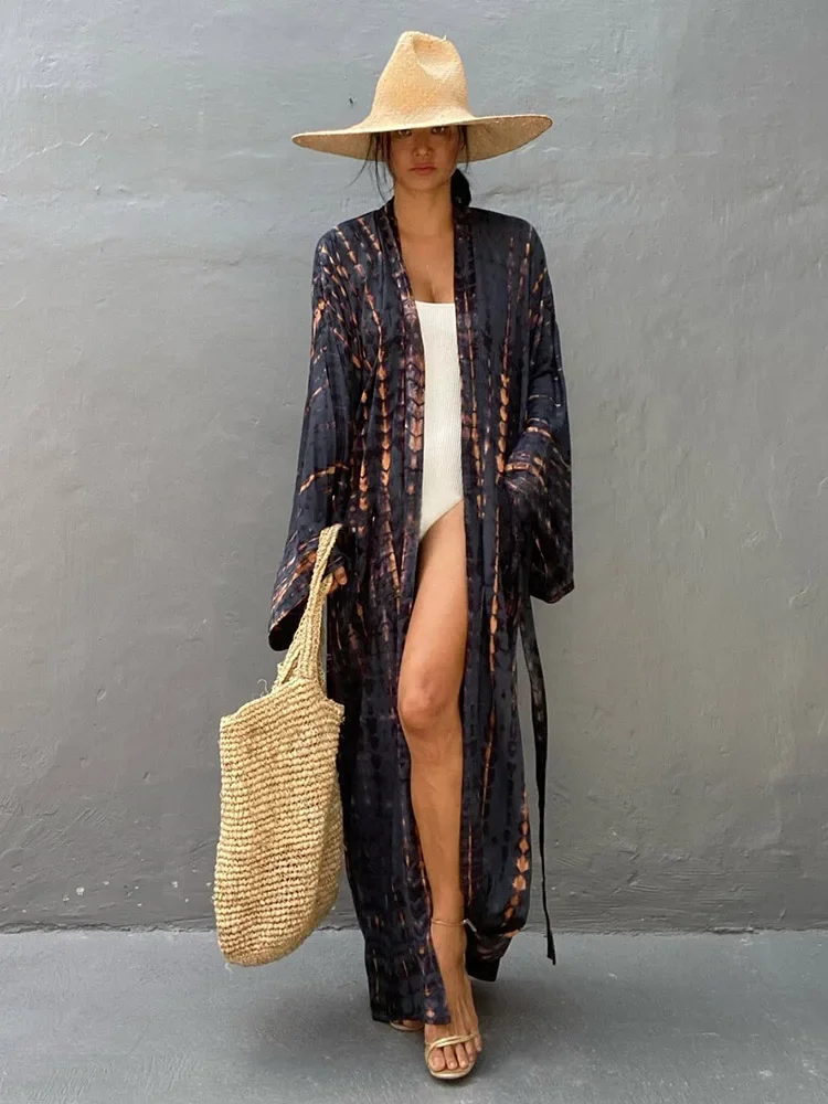 Boho Stripe Tie Dye Swimsuit Cover Up with Belt Tunic Sarong Cardigan Dress 2023 Women Bikini Cover-ups Beach Wear Kimono Pareo