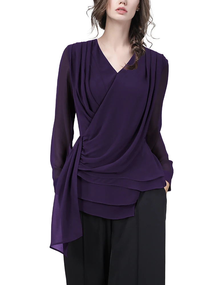 Women Long Sleeve V-Neck Crossed Purple Casual Shirt Elegant Slim Chiffon Tops With Belt 2024 Fall New Ladies Blouses