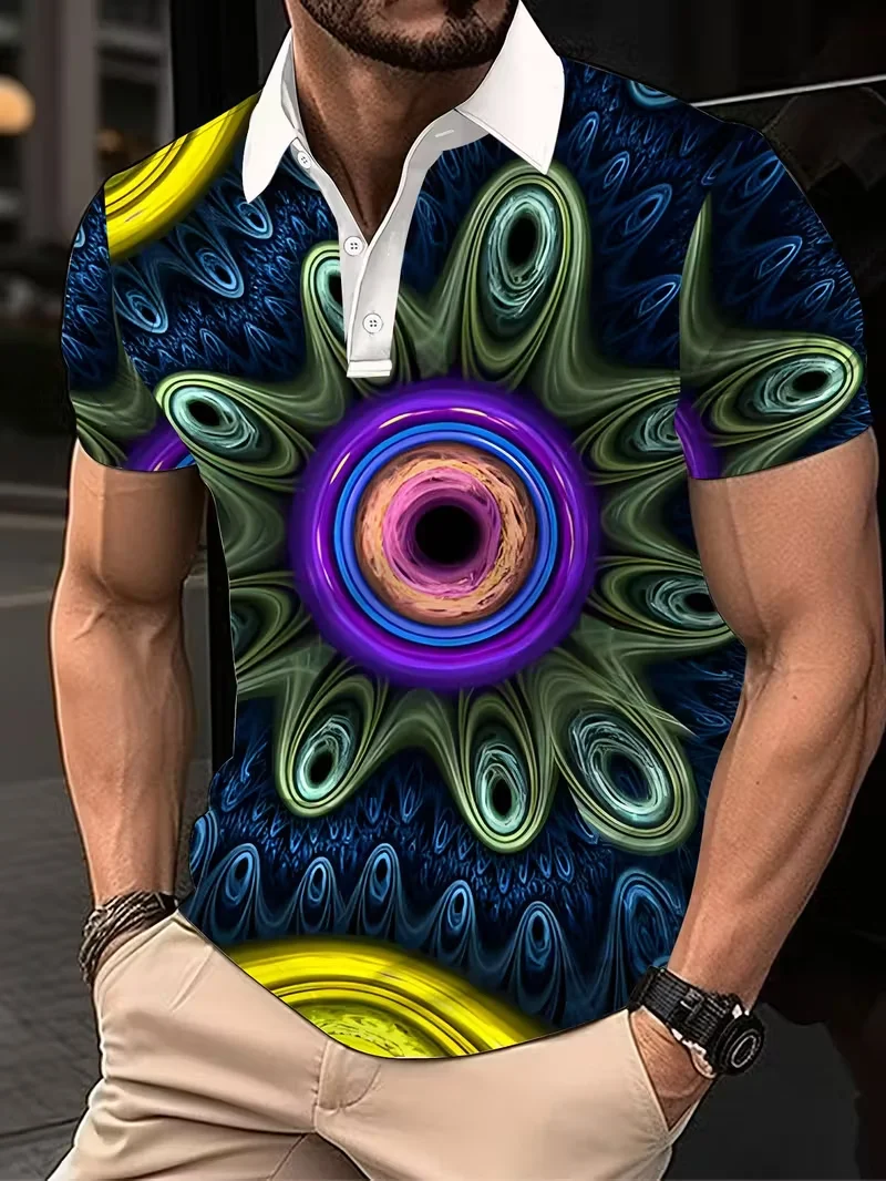 New men's fashionable sports short sleeved casual lapel polo shirt 3D color block printed polo shirt top