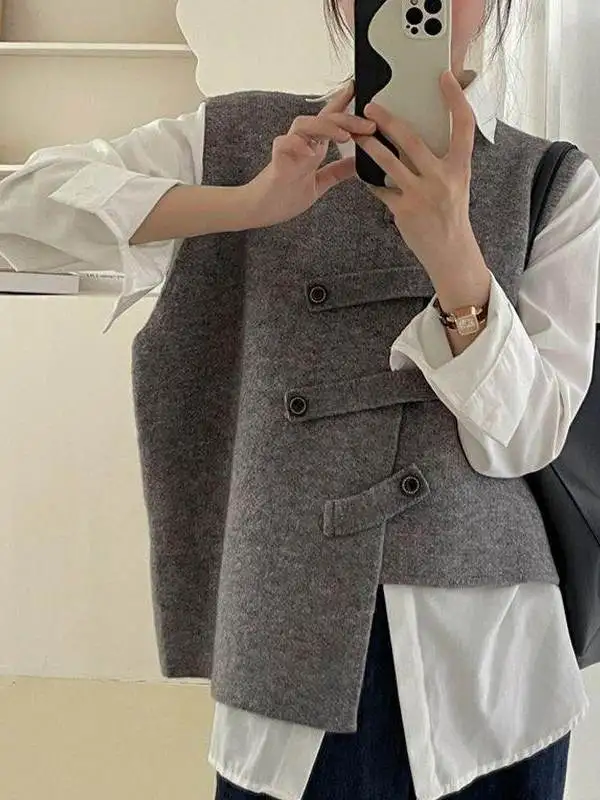 Fashionable Irregular Women's Vest Single Piece Shoulder Open Cardigan Knitted Polyester Regular Sleeveless round Neck Elastic