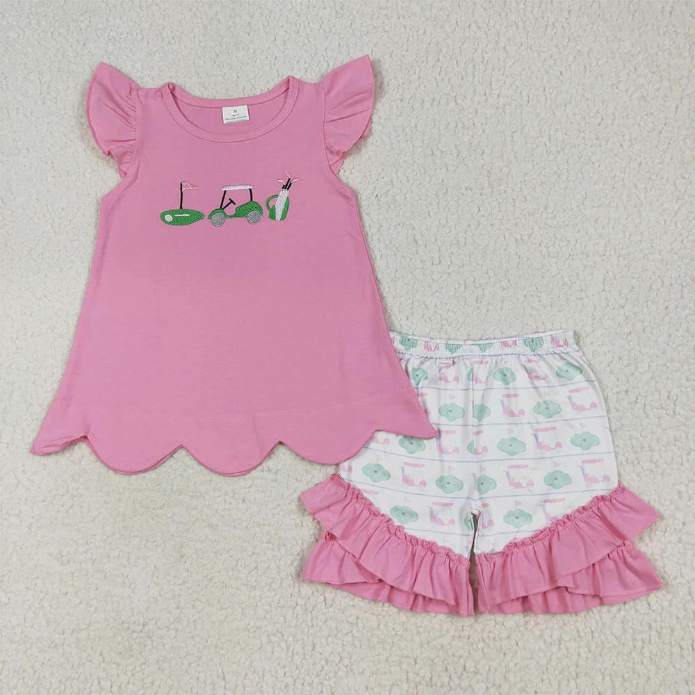 

Baby Girls Embroidery Pink Golf Truck Tunic with Flutter Sleeves Ruffle Shorts Set Cute Outfit for Little Girls