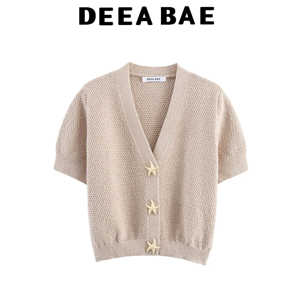 DEEABAE レトロスターボタン V ネック半袖ニットセーターカーディガン女性用、ゆったりと多用途、スリミングショートジャケット