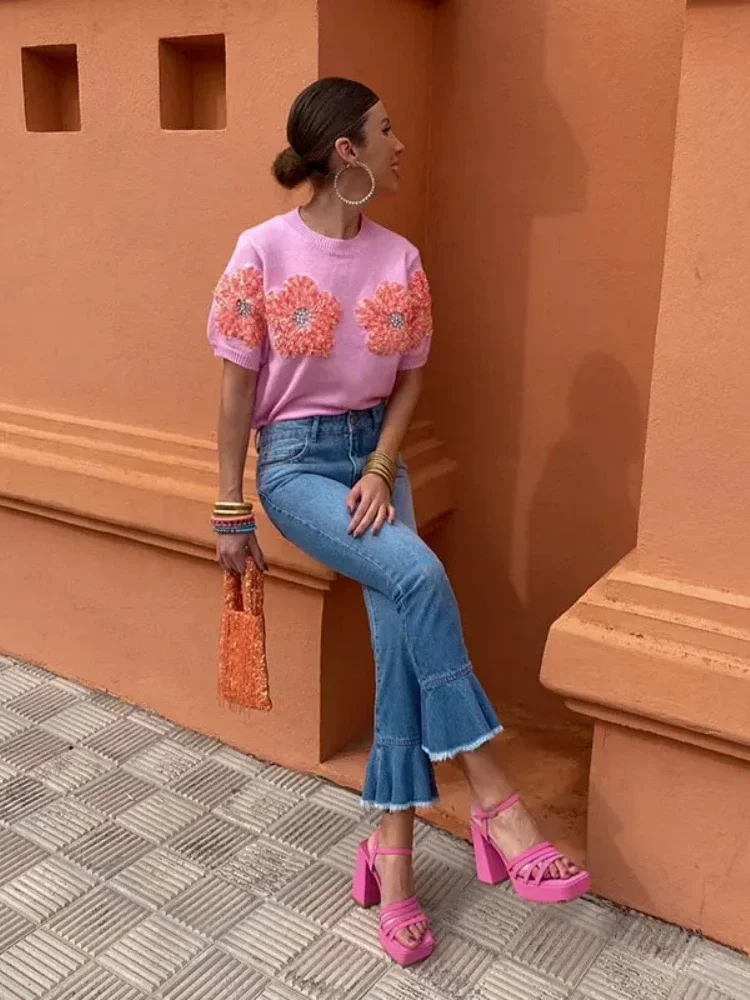 2024 Fashion Women 3D Flower Knitted Sweater Elegant Lady O Neck Short Sleeved Pullover Tops Chic Female Commute Street Outfits