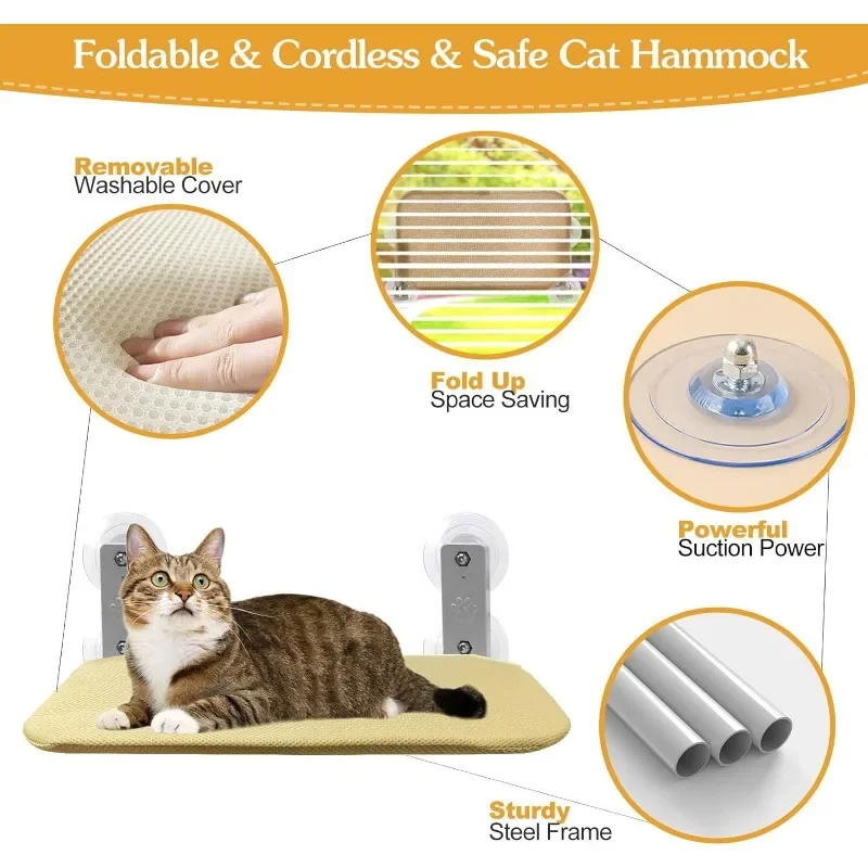 Foldable Cat Window Perch Cordless Cat Window Hammock with 4 Strong Suction Cups Windowsill Cat Beds Seat for Indoor Cats Inside