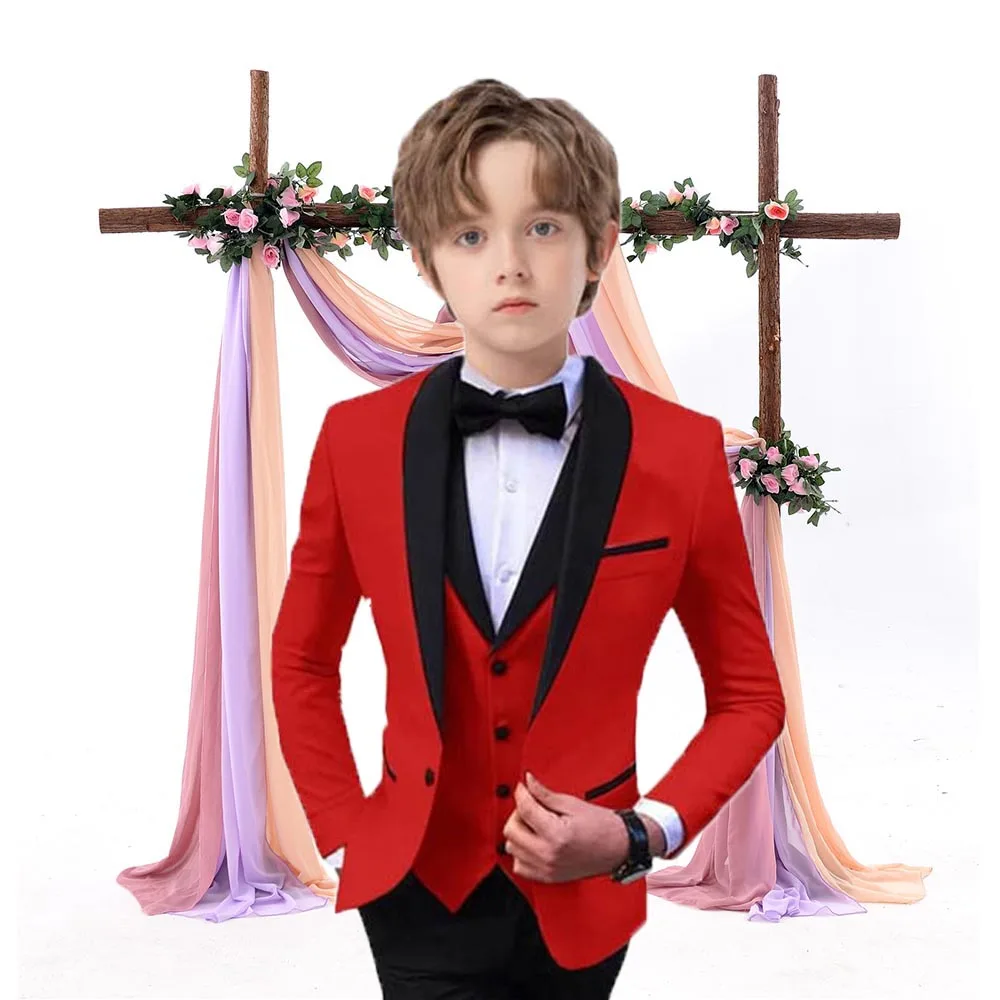 

Children Slim Fit Red White Jacket Vest Pants Bowtie Photograph Suit Kids Piano Host Performance Dress Boy's Suit For Wedding