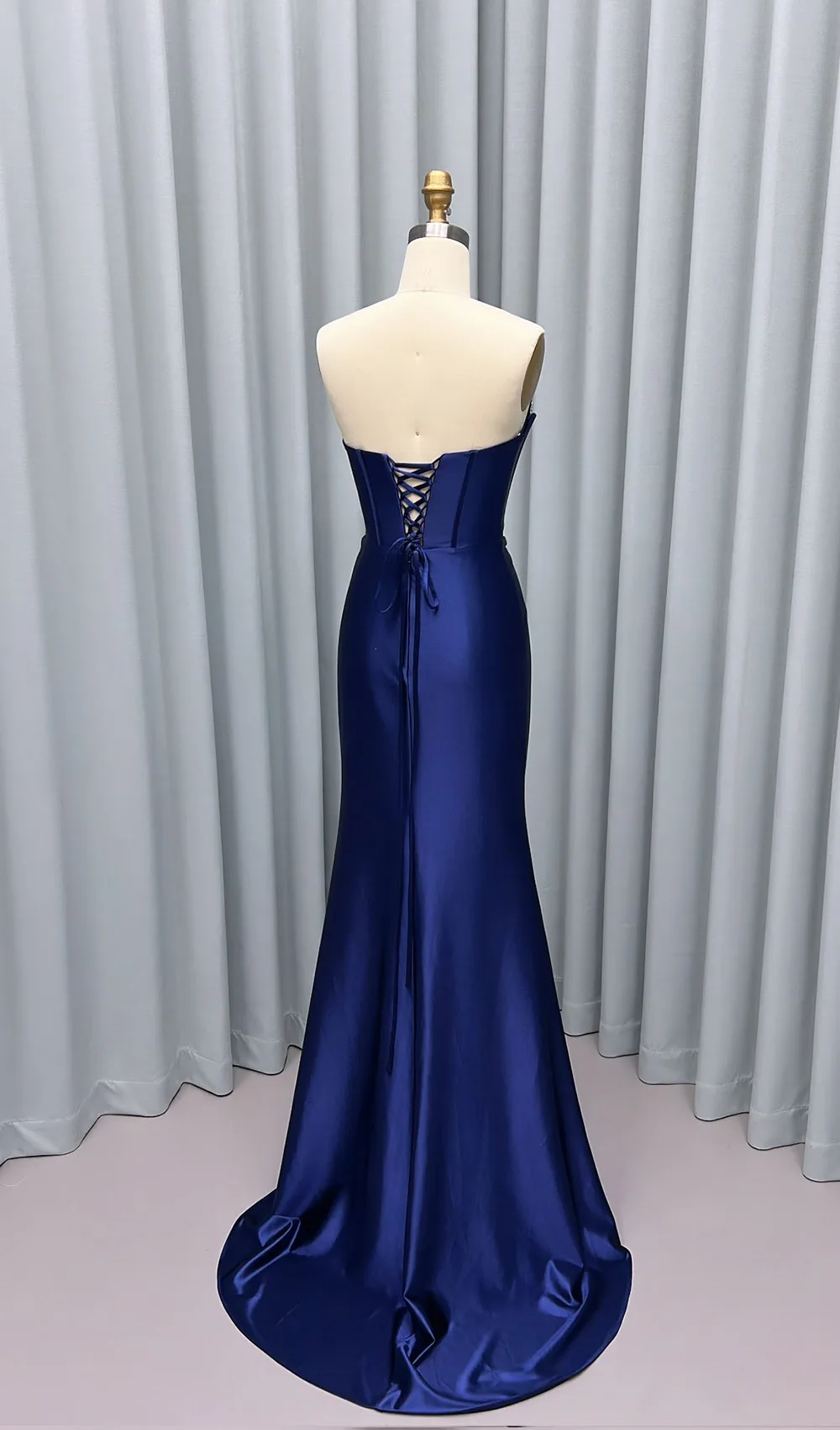 YQLNNE Navy Blue Crystals Beaded Long Prom Dresses Strapless Satin Detail Corset Bustier Formal Gown High Slit