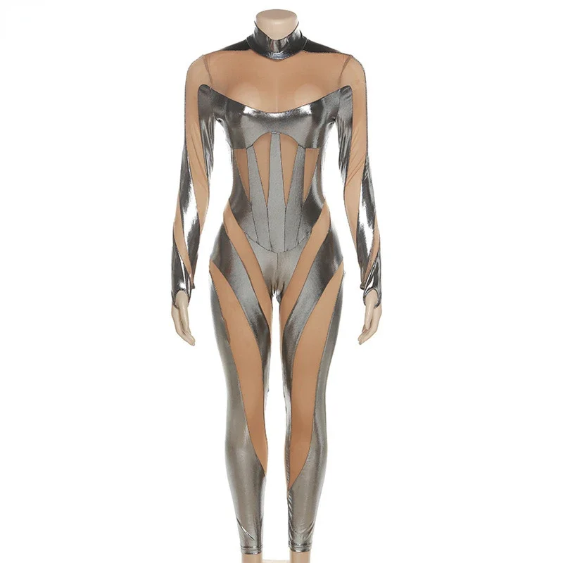 Women Game Movie Tight Jumpsuit Alien Robot Mesh Hollow Silver Strip Bodysuit Cosplay Costumes  Anime Cosplay