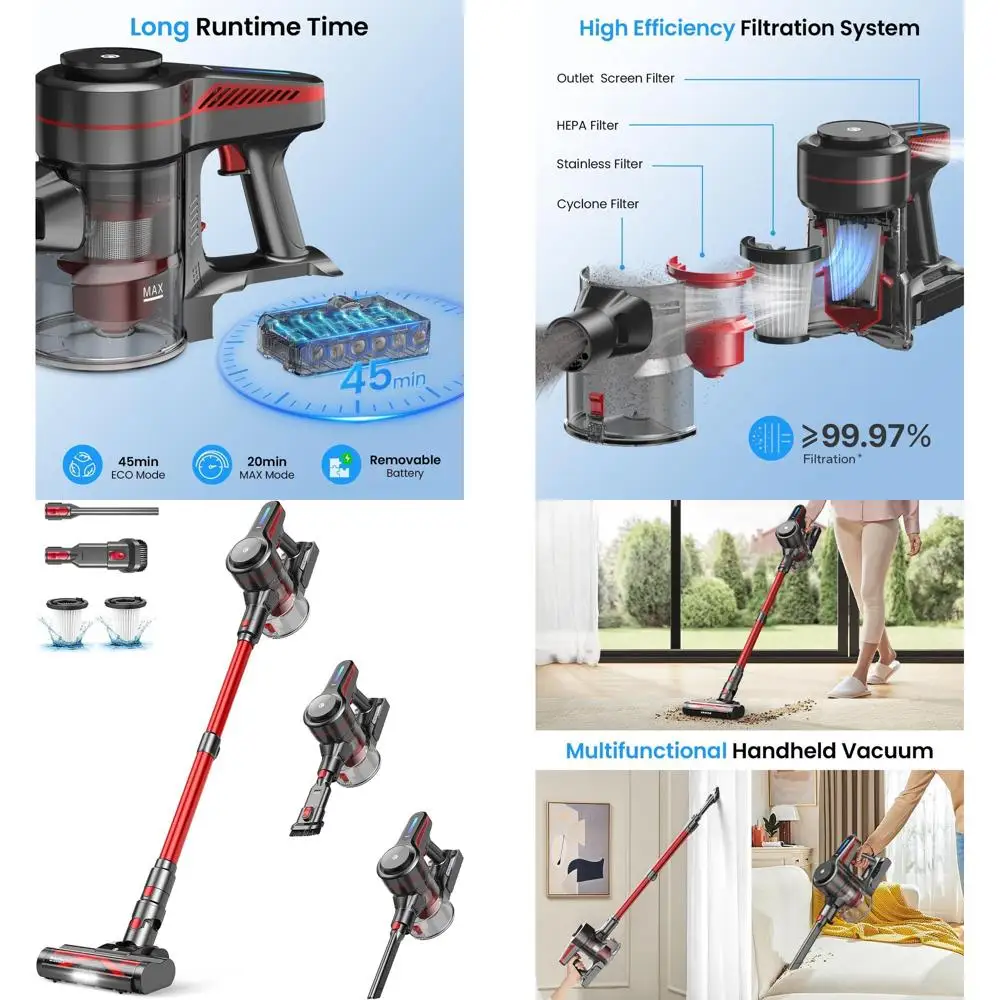 

Powerful Suction Stick Vacuum Cleaner, 45-Minute Runtime, 1.5L Dust Cup, 6-in-1 Lightweight for Hardwood Floors, Carpets, and Pe