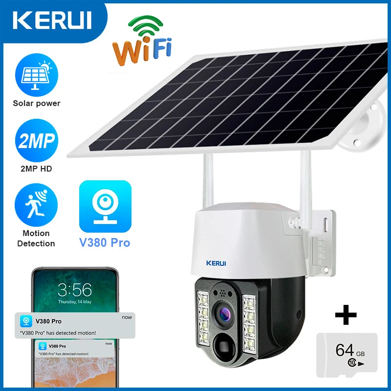 KERUI Solar Camera Wifi Outdoor Dual Lens Wireless 2MP  IP Camara Solar Panel CCTV Security Built in Battery PIR Cam V380 Pro