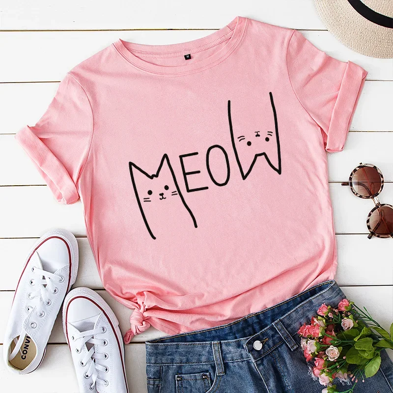 Meow Cat Print T Shirt Women Short Sleeve O Neck Loose Tshirt Summer Women Tee Shirt Tops Camisetas Mujer