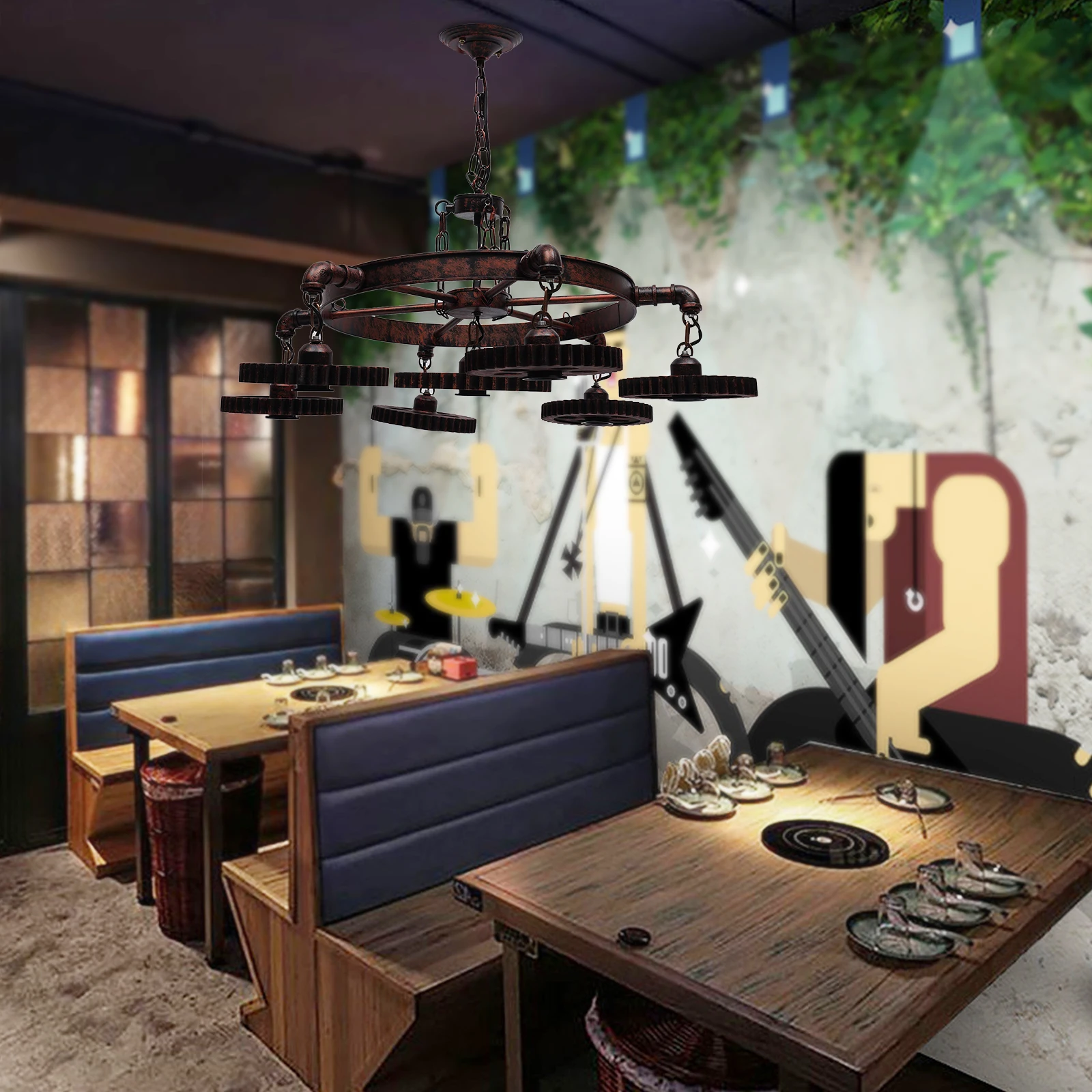 ثريا حديدية دائرية صناعية عتيقة كلاسيكية - مصباح معلق للسقف مقاوم للصدأ بـ 7 أضواء، ارتفاع قابل للتعديل (حتى 19.69 بوصة)