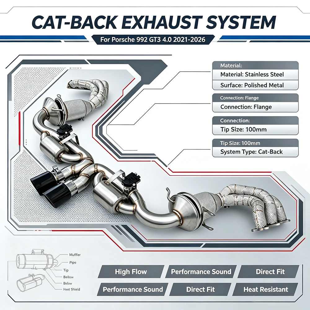 Stainless steel cat back exhaust with exhaust manifold for Porsche 992 GT3 4.0 2021-2026 High-performance with control exhaust
