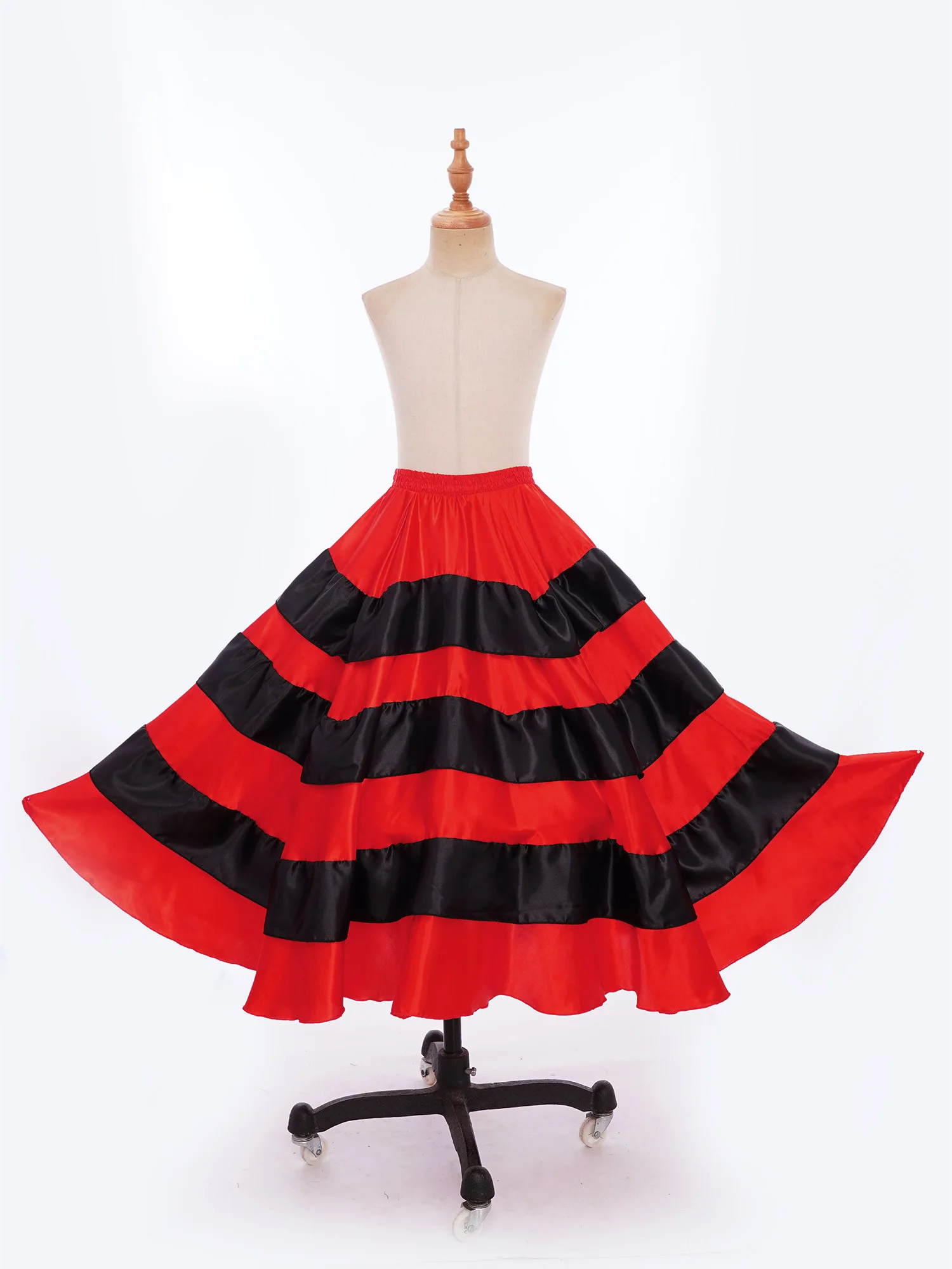 180/360 Grad spanischer Flamenco-Tanzrock für Kinder und Mädchen, metallischer Goldbesatz, gestufte Rüschen, breiter Saum, Röcke, Ballsaalkleid
