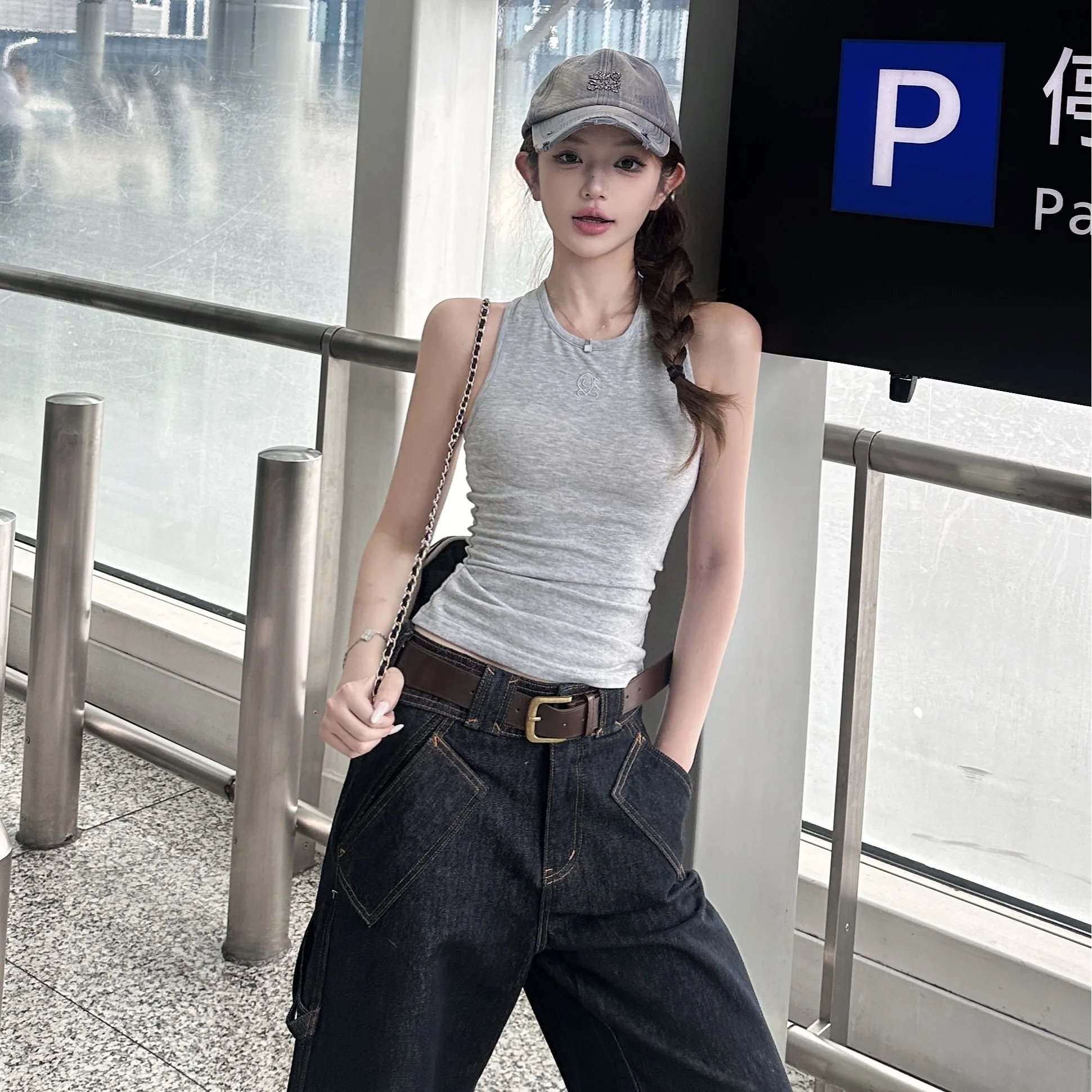 

Summer Elastic Knitted High Waist Short Vest Top Women Loose Straight Cut Vintage Five-Point Denim Pants Trendy