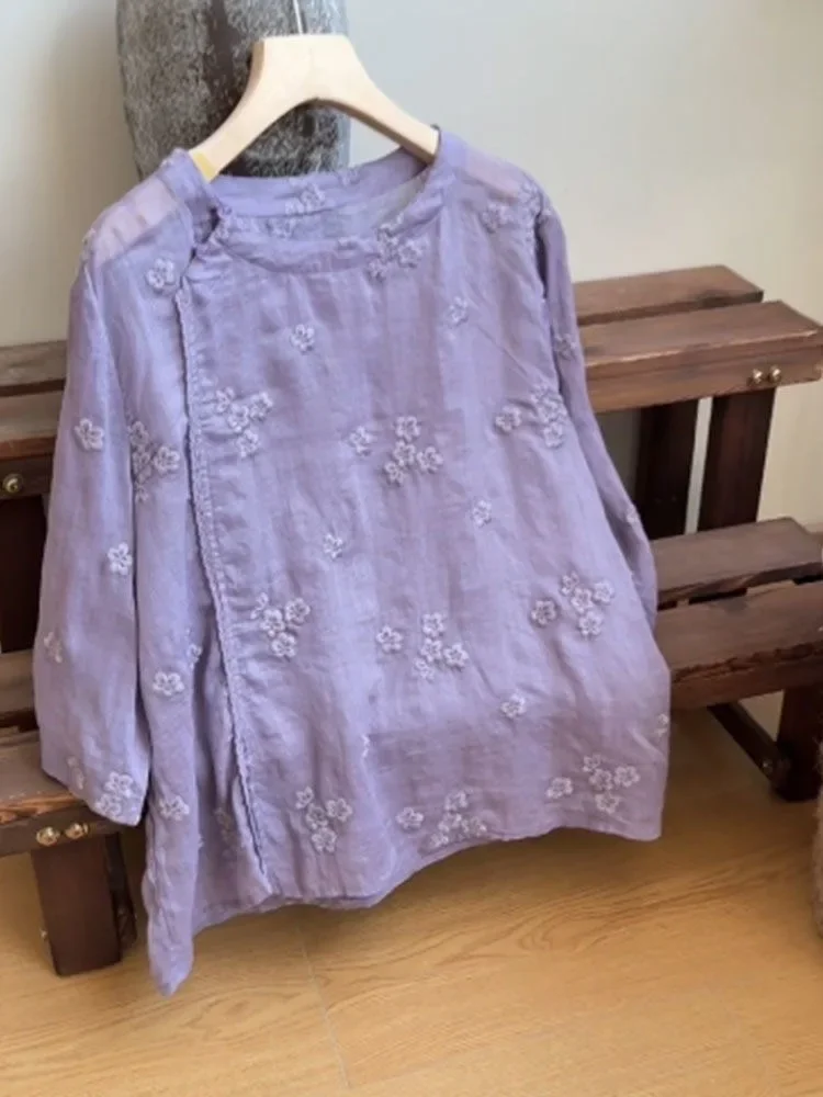

Chinese Style Loose Flower Embroidery Blouse Women Autumn New Frog Button Purple Linen Womens Shirt Casual Long Sleeve Tops