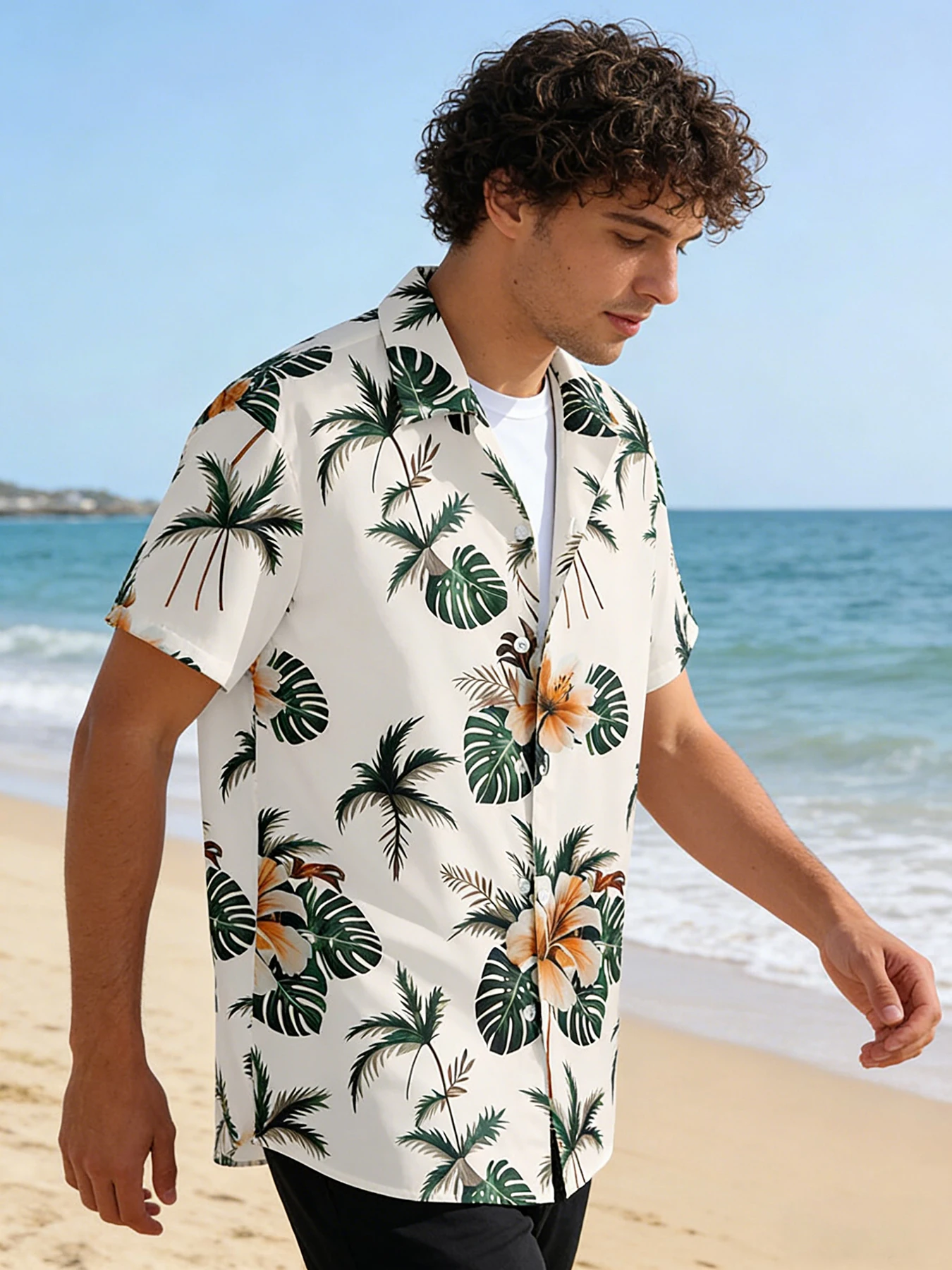 

Men's Premium Tropical Palm & Hibiscus Print Short Sleeve Shirt, Camp Collar Button Down, Elevated Beach & Resort Wear