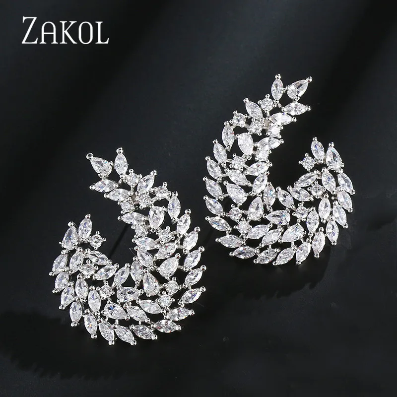 ZAKOL Luxury Marquise Cut Cubic Zirconia C shape Stud Earrings for Women Wedding Fashion Geometry Jewelry EP2139