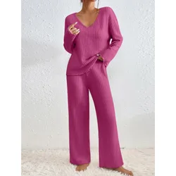 Women's Black Two-Piece Set Autumn New Fashion Casual V-neck Pit Strip Pants Set Solid Ribbed Loungewear Ladies Clothing