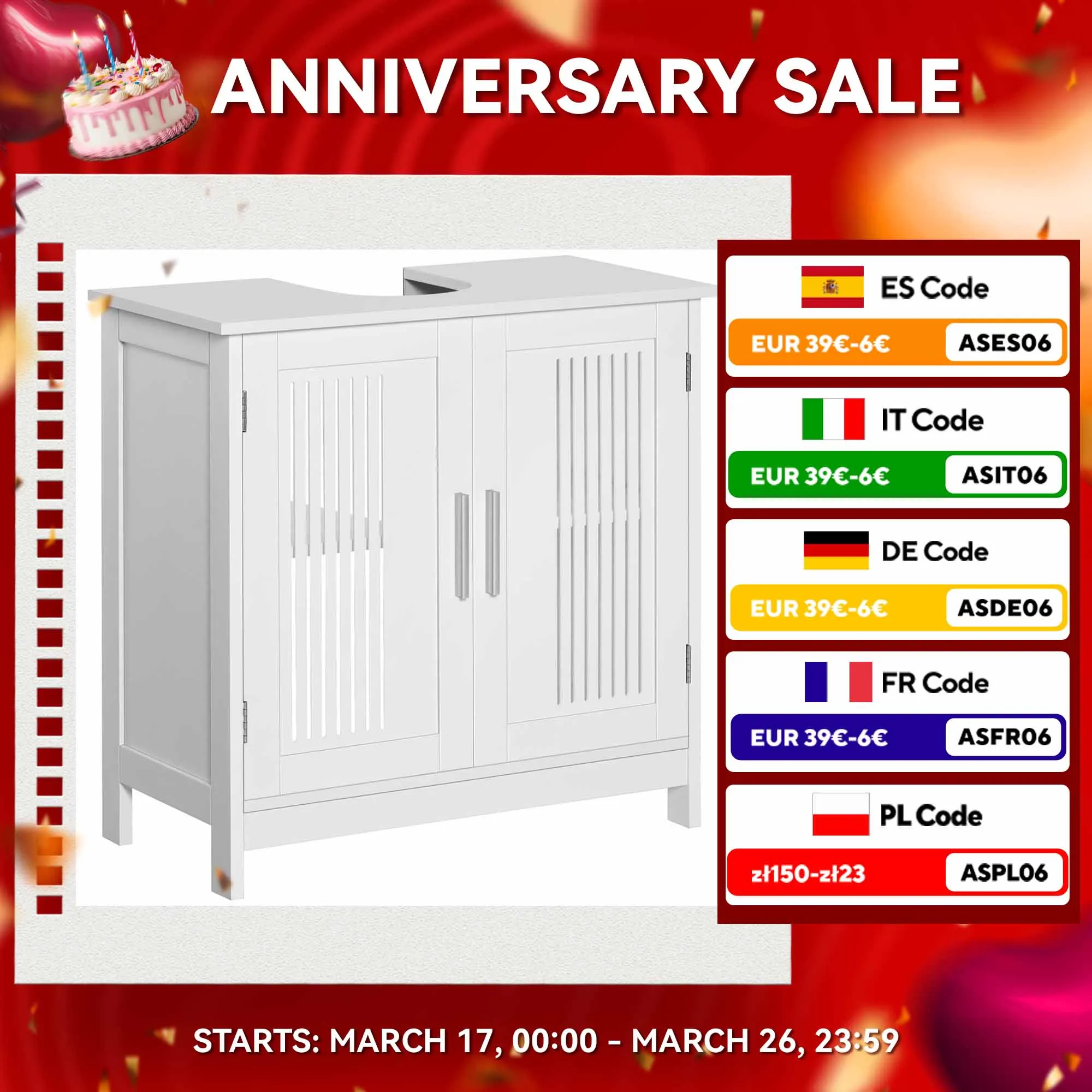 Mobili Kleankin sotto il lavandino 2 porte e ripiano regolabile 60x30x60 cm