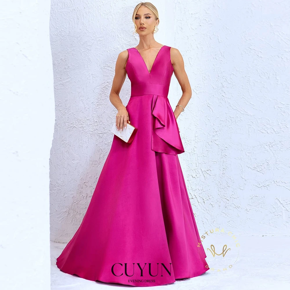 

CUYUN Satin V-Neck Fuchsia Evening Gown Customized A Line Sleeveless Draped Prom Dresses Elegant Formal Gown for Party