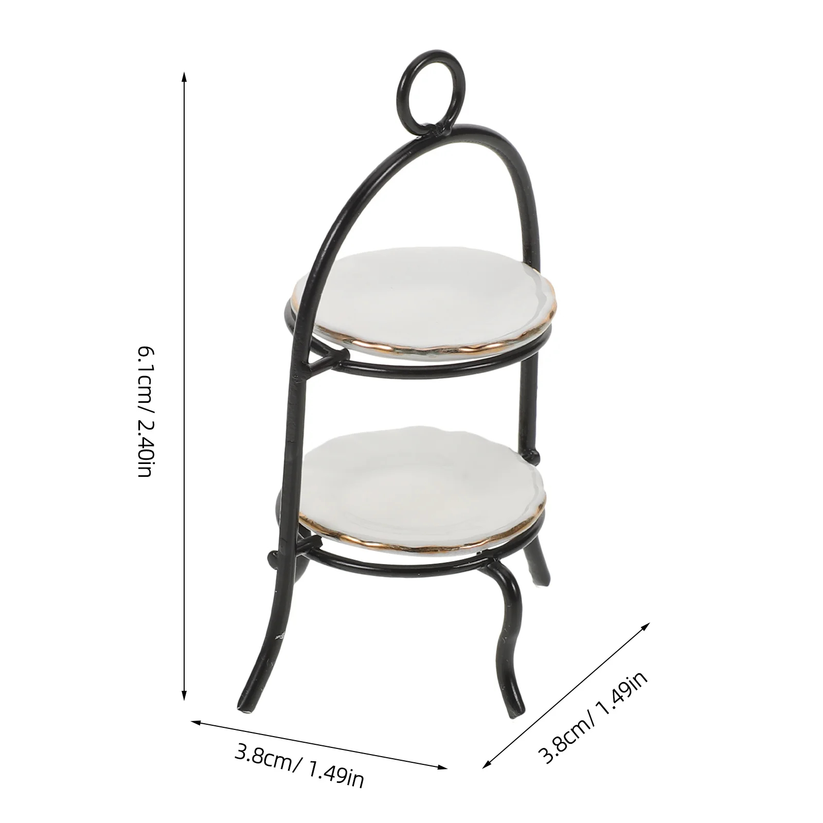1 conjunto de mini decoração de cozinha: escala 1:12, suporte de sobremesa de 2 camadas, exibição de bolo de cerâmica de metal para cena de cozimento de casa de bonecas