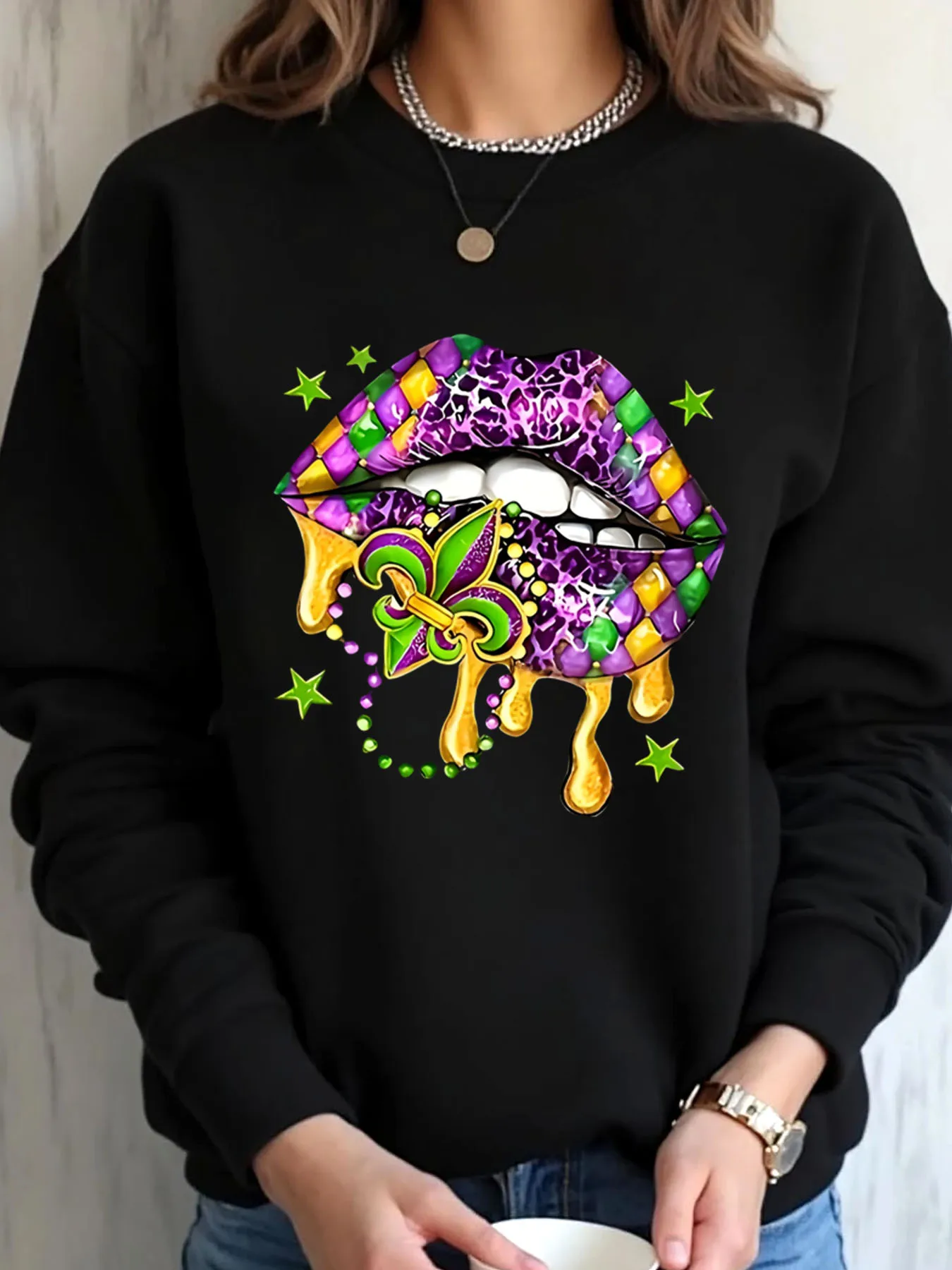 Felpa oversize da donna Mardi Gras Labbra colorate e stampa Fleur De Lis Abbigliamento da esterno