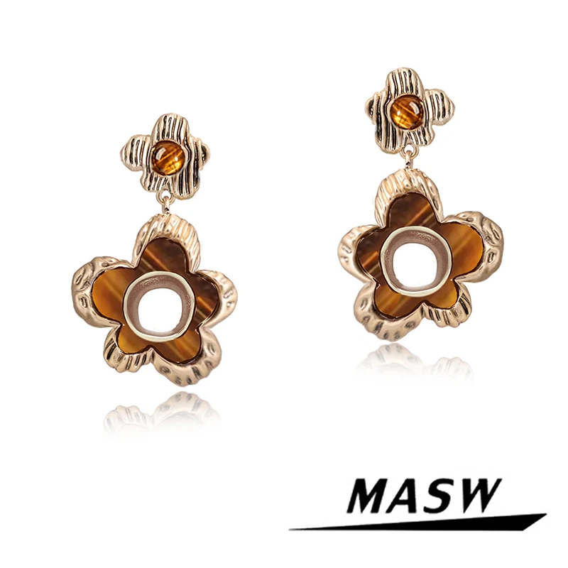 MASW Original Design Vintage Temperament Brown Flower Drop Earrings For Women Girl Gift Modern Jewelry Senior Sense