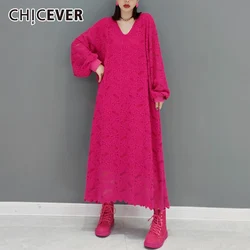 CHICEVER Casual Embroidery Bottoming Dresses For Women V Neck Long Sleeves Loose Waist A Line Fashion Lece Dress Female Autumn