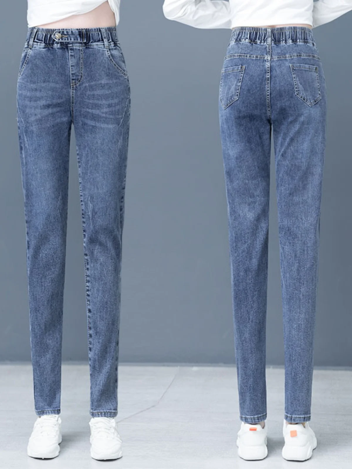 

Женские джинсы с высокой талией, прямые, свободного кроя, с эластичным поясом, осенне-зимние, новые, универсальные, из хлопка со стрейчем