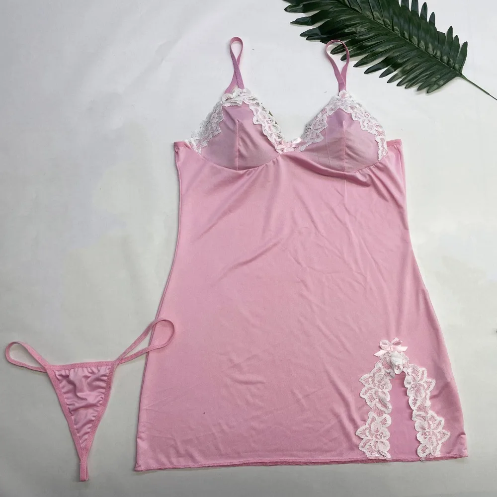 

Fork Design Women's Pajama Dress with Underpants Sleeveless Lace Suspender Nightgown Solid Color Party Dress