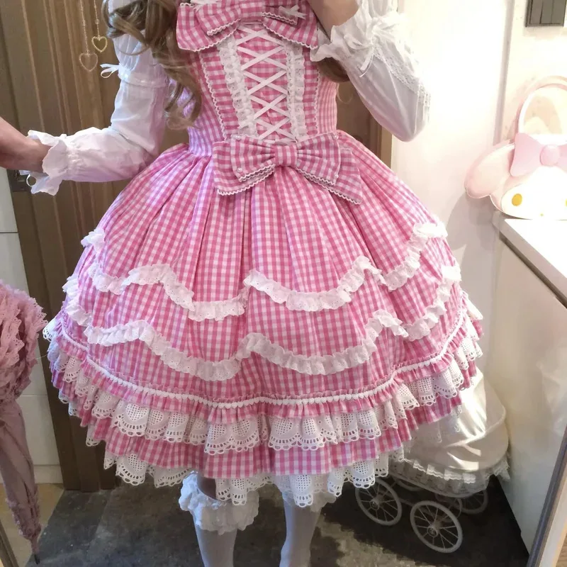 

CyOriginal Loli Lo Cos розовое клетчатое платье на подтяжках 2025, женское чайное платье Jsk для девочек, женское милое кавайное платье с бантом на день рождения sdf2w