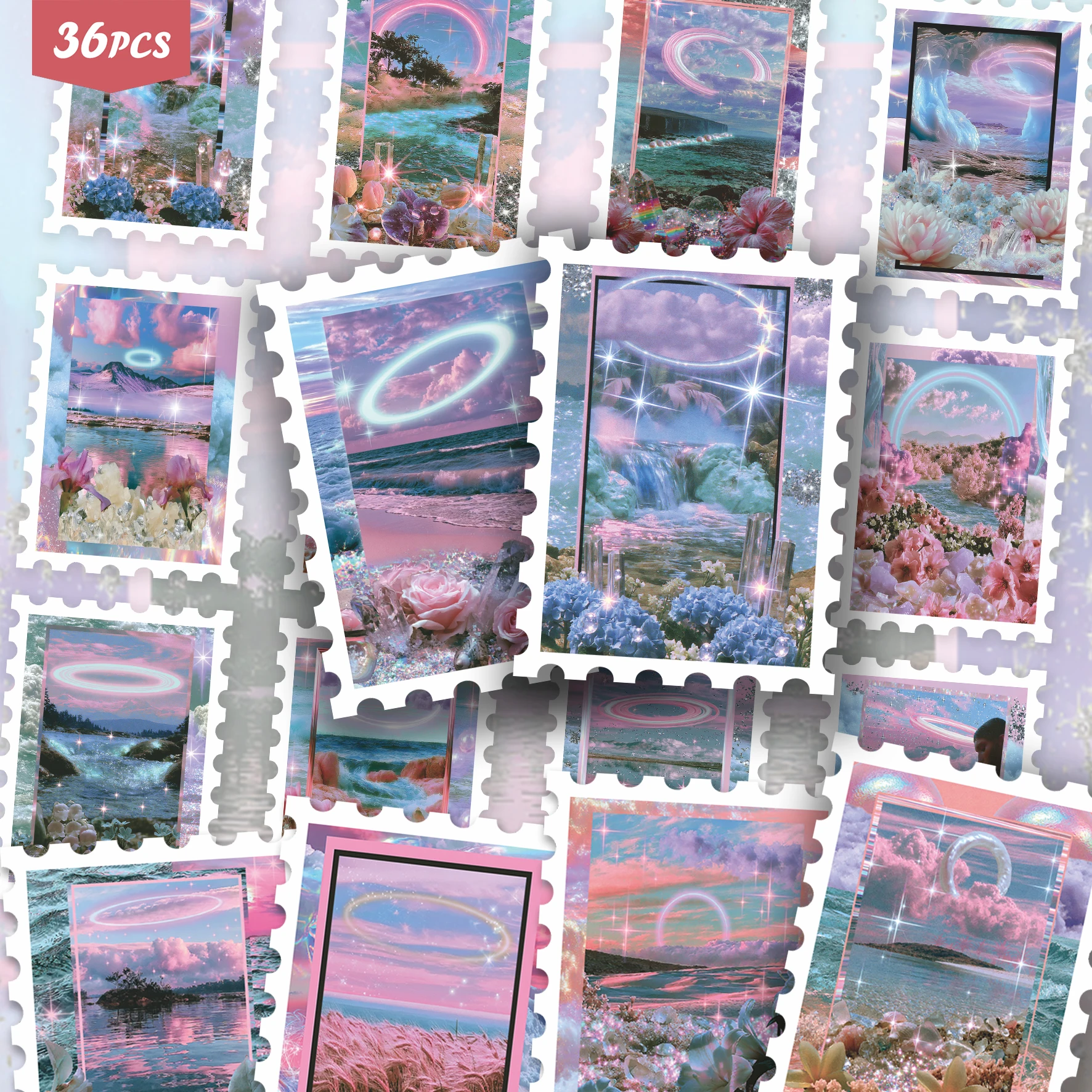 36PCS Magical Pastel Dreamscape Art Stickers, assorted glowing fantasy landscape patterns with pink iridescent tones, ethereal w
