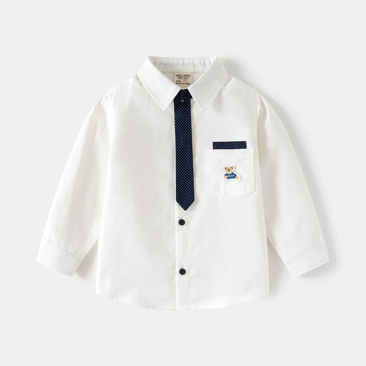 2025 Spring Baby Boys Blouses with Tie Kids Button Up White Shirts School Uniform Tops Cartoon Autumn Children's Clothing