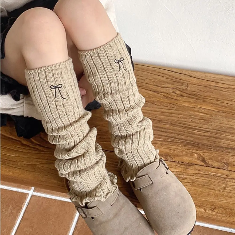 

Korean Style Children's Leg Warmers JK Harajuku Knitted Leg Cover Long Stockings Pile Socks Embroidery Bow Socks Children's