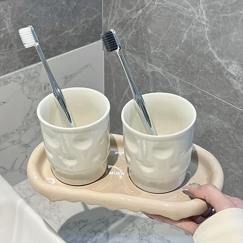 1pc Couple Ceramic Mouthwash Cup Set Bathroom Accessories Household Ceramic Toothbrush Cup Set Mouthwash Cup Storage Rack